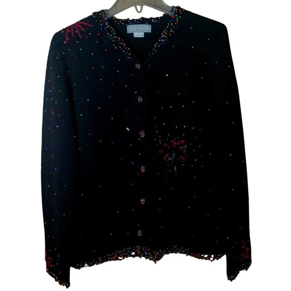 American Vintage Sweaters - Vintage Ann Trinity Black Knit Cardigan Multicolored Beaded "Firework" Sweater